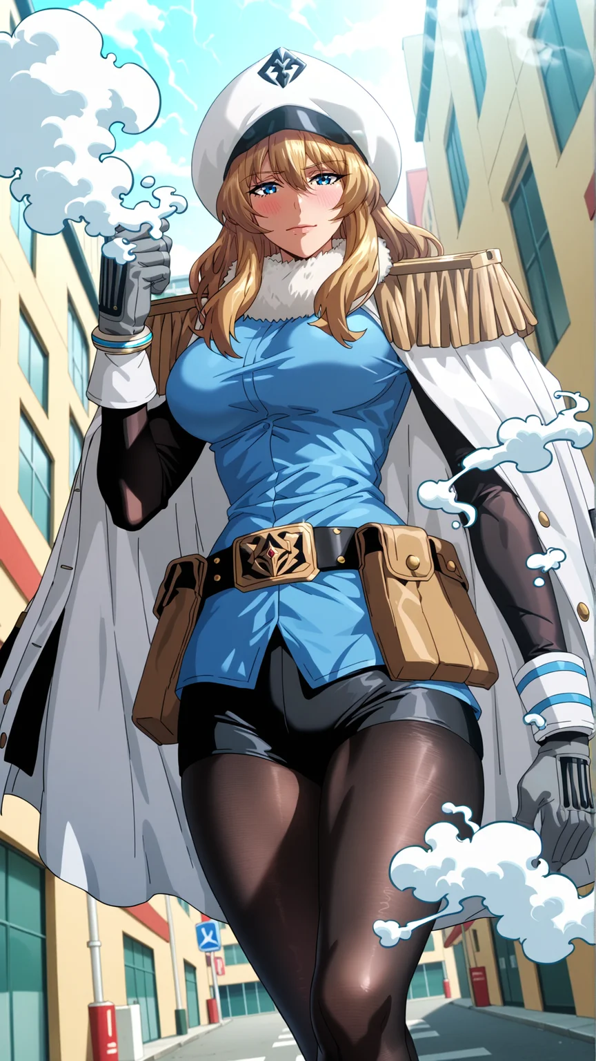 2d, fantasy-style, (zPDXL2), (((cowboy shot))), (((dynamic pose))), (((dynamic angle))), (((sehele style))), webtoon, anime, centered, 1girl, 1woman, (((giant steam gray hands))), ppsh, blush, long hair, blonde hair, blue eyes, white hat, white fur trim, white cape, yellow epaulettes, blue top, big breasts, black sleeves, white gloves, bracelets, belt, poaches, black pantyhose, modern city background, <lora:sd_xl_dpo_lora_v1:1>, <lora:OMG-Is-DucHaiten_v1.0:0.1>, <lora:Seunghee_Lee_Style_PDXL:0.4>, <lora:ManhwaSDXL:1.5>, <lora:ppsh_PonyXL:0.8>