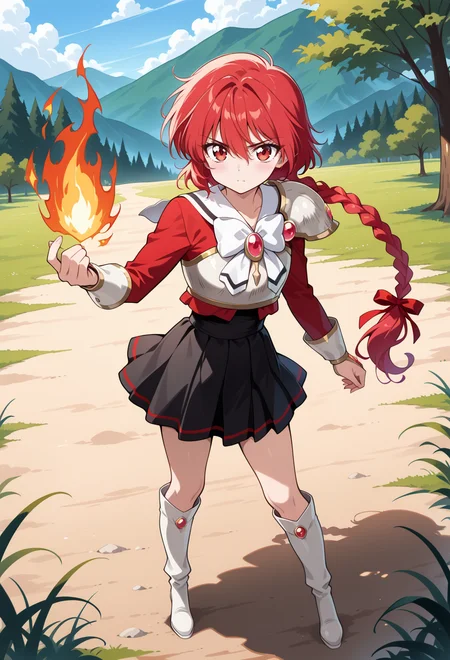 masterpiece, best quality, high quality, anime, solo, <lora:AEHikaruillx:1>
AEHikaruKnight, red eyes, red hair, braided ponytail, hair between eyes, hair ribbon, long braid, long hair, single braid, breastplate, pauldrons, shoulder armor, gem, black skirt, boots, kneeboots, white footwear,
full body, confident, outdoors, fire on hand, hand up,