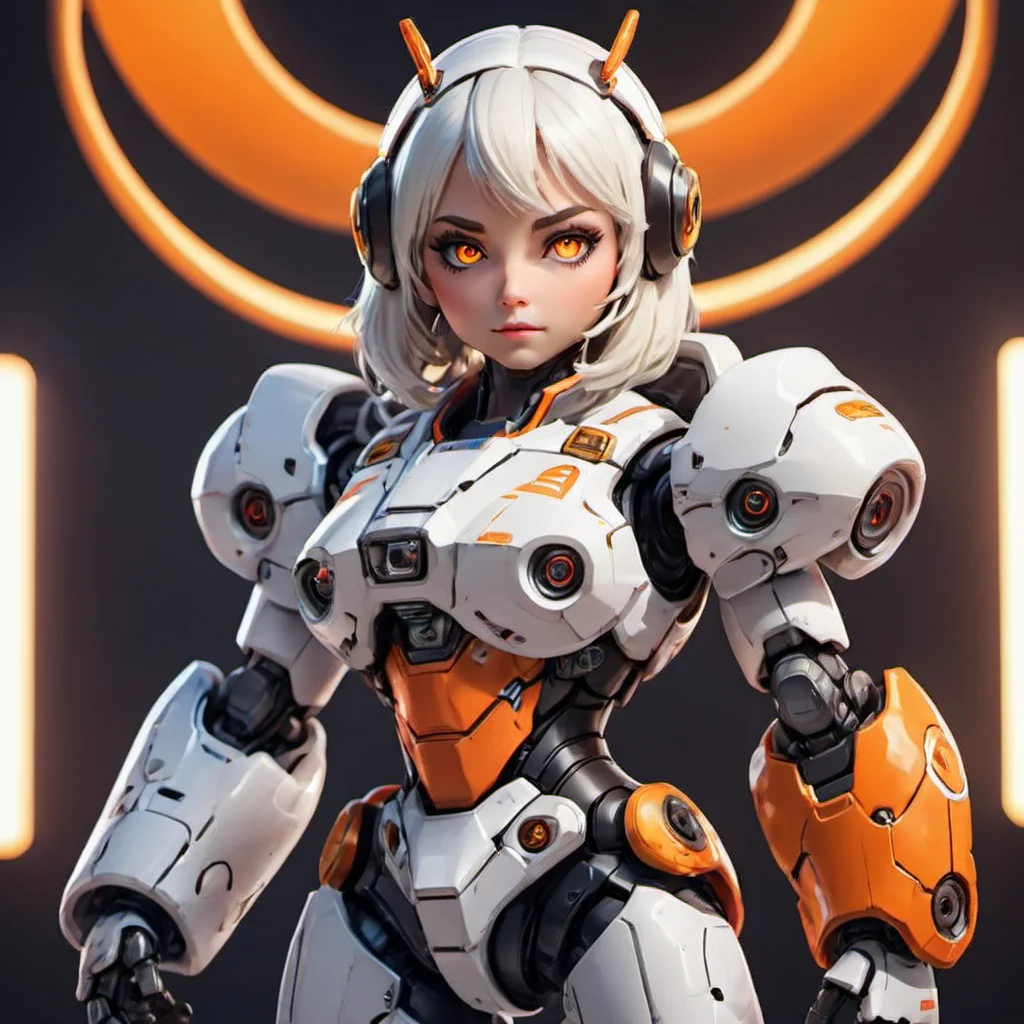 upper body,portrait,chibi,robot,white orange armor,white shimmering hair,neon light,8K,RAW,best quality,masterpiece,ultra high res,colorful,(medium wide shot),(dynamic perspective),sharp focus,depth of field,extremely detailed eyes and face,beautiful detailed eyes,large breasts,(black gold, trimmed gear:1.2),(In a futuristic weapons factory:1.2),<lora:chibi:0.7>,