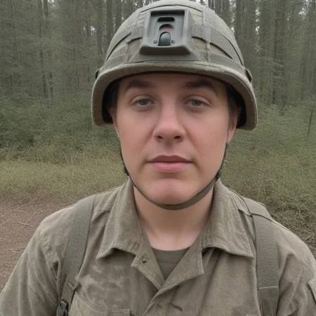 Score_8, score_9, masterpiece, source_photo, 1boy , 29 years, Irish man, ((Wearing a Virtus Helmet, brunette had multicam base cover)), Virt_Helm, in a coniferous forest, <LoRa: British Army MTP Uniform: 1.0>, dark_olive_green British army MAN_SV Truck in the background, close-up,Vert_helm