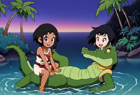Tick tock crocodile,male animal focus,tail, crocodile , crocodile mouth open,smile ,green skin, blue eyes, Tick Tock the crocodile is giant and very huge size,teeth, crocodile swimming and submerged in the water,Tick Tock the crocodile looking Choi_mochimazzi,Choi_mochimazzi an anime girl, 1girl, looking at viewer, smile, short hair, Choi_mochimazzi sitting down on the crocodile belly,Choi_mochimazzi IS her very little size. Base - choim, short hair, black hair, red eyes, dark-skinned female,purple eyes, Base Outfit - dress, jewelry, dark skin, necklace, bracelet, wristband, neck ring, anklet, barefoot,river,palm trees, jungle, tropical _island,village, temple,Disney, waterfall,retro_anime, manga,tamako_market
