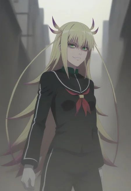 <lora:SlimesKanonIsui:1>, slimes_kanonisui, woman, solo, green eyes, alley background, evil smirk