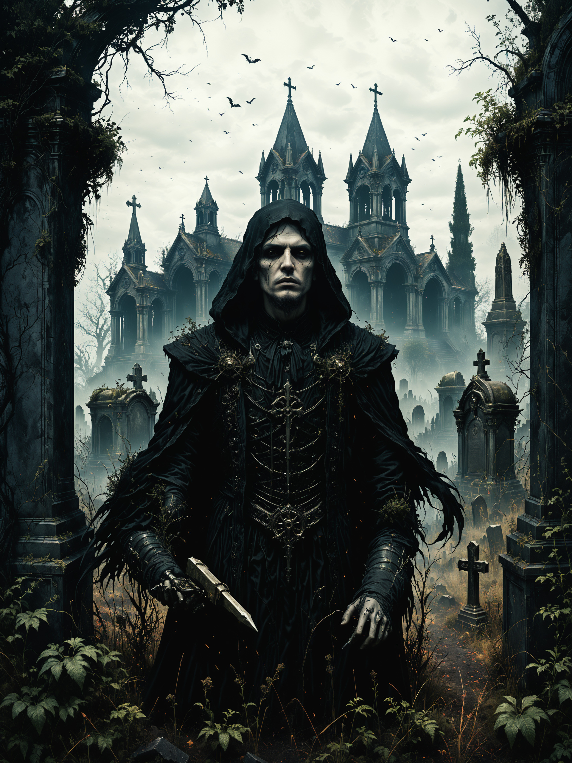 macabre style, digital illustration of Psionic infiltrator extracting information through mental probing, Forgotten, overgrown graveyard with ancient mausoleums in the background,,, dark, gothic, grim, haunting, highly detailed photorealistic, octane render, 8k, unreal engine, art by Artgerm and Greg Rutkowski and Alphonse Mucha   <lora:Misty_Vintage:0.5> <lora:xl_more_art-full_v1:0.5>