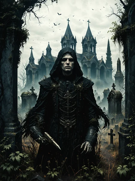 macabre style, digital illustration of Psionic infiltrator extracting information through mental probing, Forgotten, overgrown graveyard with ancient mausoleums in the background,,, dark, gothic, grim, haunting, highly detailed photorealistic, octane render, 8k, unreal engine, art by Artgerm and Greg Rutkowski and Alphonse Mucha   <lora:Misty_Vintage:0.5> <lora:xl_more_art-full_v1:0.5>