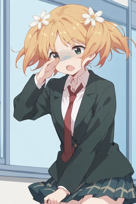 score_9, score_8_up, score_7_up, score_6_up, 
 <lora:Yuu_Sonoda:1> yuu, hair flower, flower, hair ornament, school uniform, twintails, blonde hair, necktie, skirt, 1girl, green eyes, open mouth, blazer, turn pale, jacket, shaded face