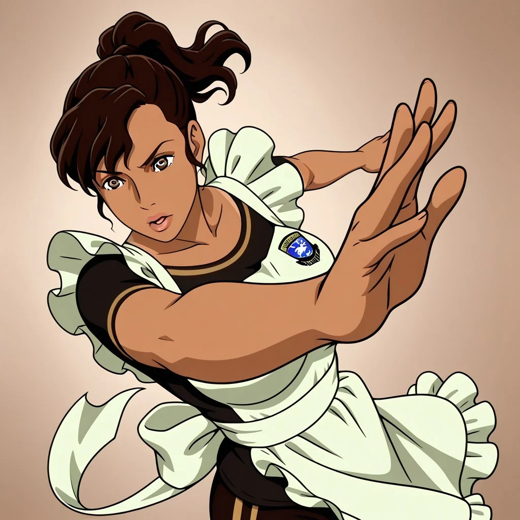 Margarita, 1girl, solo, tanned skin, dark brown hair with ponytail, brown eyes, lips, black shirt , insignia, white apron
dynamic pose, foreshortening, extreme perspective
