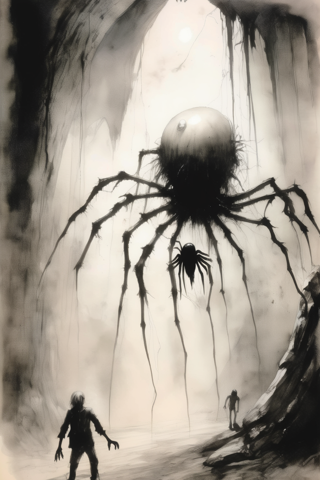 <lora:Stephen Gammell Style:1>Stephen Gammell Style - Style of stephen gammell, watercolors, black and white, Human being traped by a giant spider in a dark cave, mutant mushrooms grow on the walls of the cave