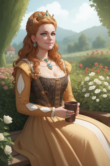score_9, score_8_up, score_7_up, masterpiece, high quality
 <lora:Anna HenriettaPonyLoRA:0.8>anhnritta, long hair, wavy hair, crown, mole under eye, earrings, dress, necklace, gem, ring, sexy smile,  sitting on a bench in a garden, flowers, holding a cup