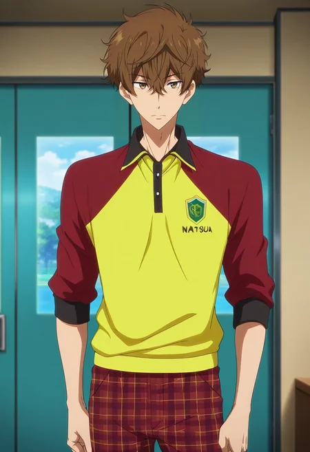 masterpiece, best quality, intricate details, anime screencap, , official style, , 1boy, solo, male focus, <lora:natsuya_kirishima_ilxl:0.96>, natsuya_kirishima, brown hair, brown eyes, short hair, hair between eyes, bangs, , Plaid golf pants, Mesh jersey, , ,