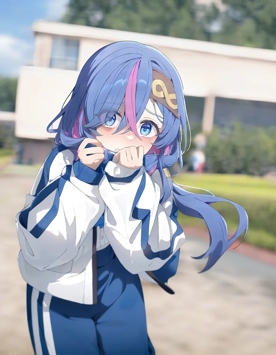 {{artist:ogipote,artist:bm_tol}},[[artist:yoneyama_mai,artist:ciloranko,artist:blue-senpai,artist:aikome_(haikome)]],photo background,school,outdoors,looking at viewer,pose,shy,close-up,
<lora:20250326-1742956178440:0.8>,school uniform long,track suit,jacket,long sleeves,track jacket,pants,white jacket,blue pants,track pants,
<lora:xingyi_noob:0.75>,xingyi,1girl,solo,blue hair,blue eyes,multicolored hair,streaked hair,eyes visible through hair,long hair,bangs,hair over one eye,purple hair,pink hair,
masterpiece,best quality,very aesthetic,absurdres,