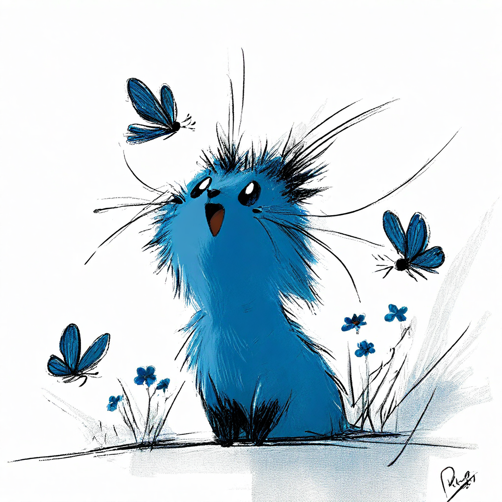 whiskers, bug, sketch, animal focus, animal, open mouth, pokemon (creature), blue flower, signature, looking up