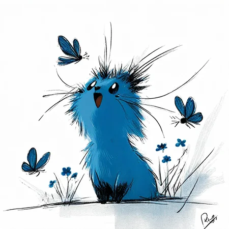 whiskers, bug, sketch, animal focus, animal, open mouth, pokemon (creature), blue flower, signature, looking up