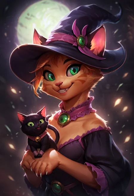 score_9, score_8_up, score_7_up, score_6_up, score_5_up, score_4_up, source_Furry, cat, black cat, cute, fluffy, green eyes, smile, looking at viewer, head tilt, portrait, detailed, dramatic lighting, <lora:ArtStyle_Bewitching_Fantasy:0.75> b3w1tch, witch hat