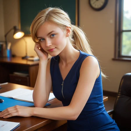 score_9, score_8_up, score_7_up, bokeh,masterpiece, very aesthetic, highest quality, absurdres, newest,
<lora:ILMKCassie:1.0>
MKCassie, 1girl, 18 yo, solo, blonde hair, ponytail, blue eyes, long hair, sitting at a desk, one hand behind her head, casual business outfit, discreet lens flare, office