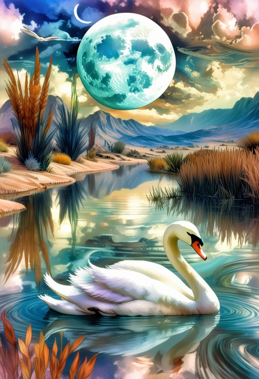 <lora:psychedelic_dream_sdxl_v1:1.0>, psychedelic_dream, Using this elegant style, maintaining the same refined quality and soft color tones, morph images into a new solo image using, a white swan floating in a body of water with reed in the fore of it ' s back and its reflection in the water, and, a futuristic city in the desert with mountains and a full moon in the sky, digital painting style, illustration painting stock photo
