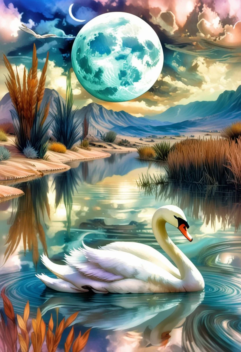 <lora:psychedelic_dream_sdxl_v1:1.0>, psychedelic_dream, Using this elegant style, maintaining the same refined quality and soft color tones, morph images into a new solo image using, a white swan floating in a body of water with reed in the fore of it ' s back and its reflection in the water, and, a futuristic city in the desert with mountains and a full moon in the sky, digital painting style, illustration painting stock photo