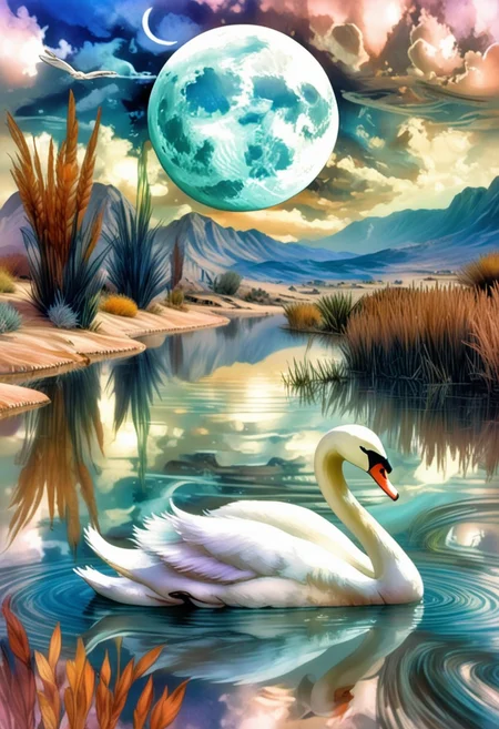 <lora:psychedelic_dream_sdxl_v1:1.0>, psychedelic_dream, Using this elegant style, maintaining the same refined quality and soft color tones, morph images into a new solo image using, a white swan floating in a body of water with reed in the fore of it ' s back and its reflection in the water, and, a futuristic city in the desert with mountains and a full moon in the sky, digital painting style, illustration painting stock photo