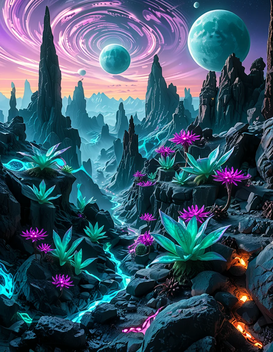 A breathtaking, high-resolution photograph of an alien planet with a surreal and otherworldly landscape. The sky is filled with two massive moons, casting an eerie glow over the terrain. Jagged rock formations, covered in bioluminescent moss, stretch across the horizon, glowing in shades of blue and purple. Strange, twisted plants with translucent leaves and pulsating veins grow from the cracked, iridescent soil. In the distance, towering crystalline mountains shimmer under the light of a distant red sun, their peaks enveloped in a misty, ethereal haze. The air is thick with floating luminescent spores, drifting like tiny fireflies. Rivers of liquid metal carve through the landscape, reflecting the vibrant alien sky. The atmosphere is a mix of neon blues, purples, and greens, creating a mesmerizing and futuristic scene, as if taken from the surface of a newly discovered exoplanet.
<lora:SDXLFaeTastic2400:0.4> <lora:extremely_detailed:0.4> extremely detailed,<lora:alien_pl4n3t:1>,alien pl4n3t