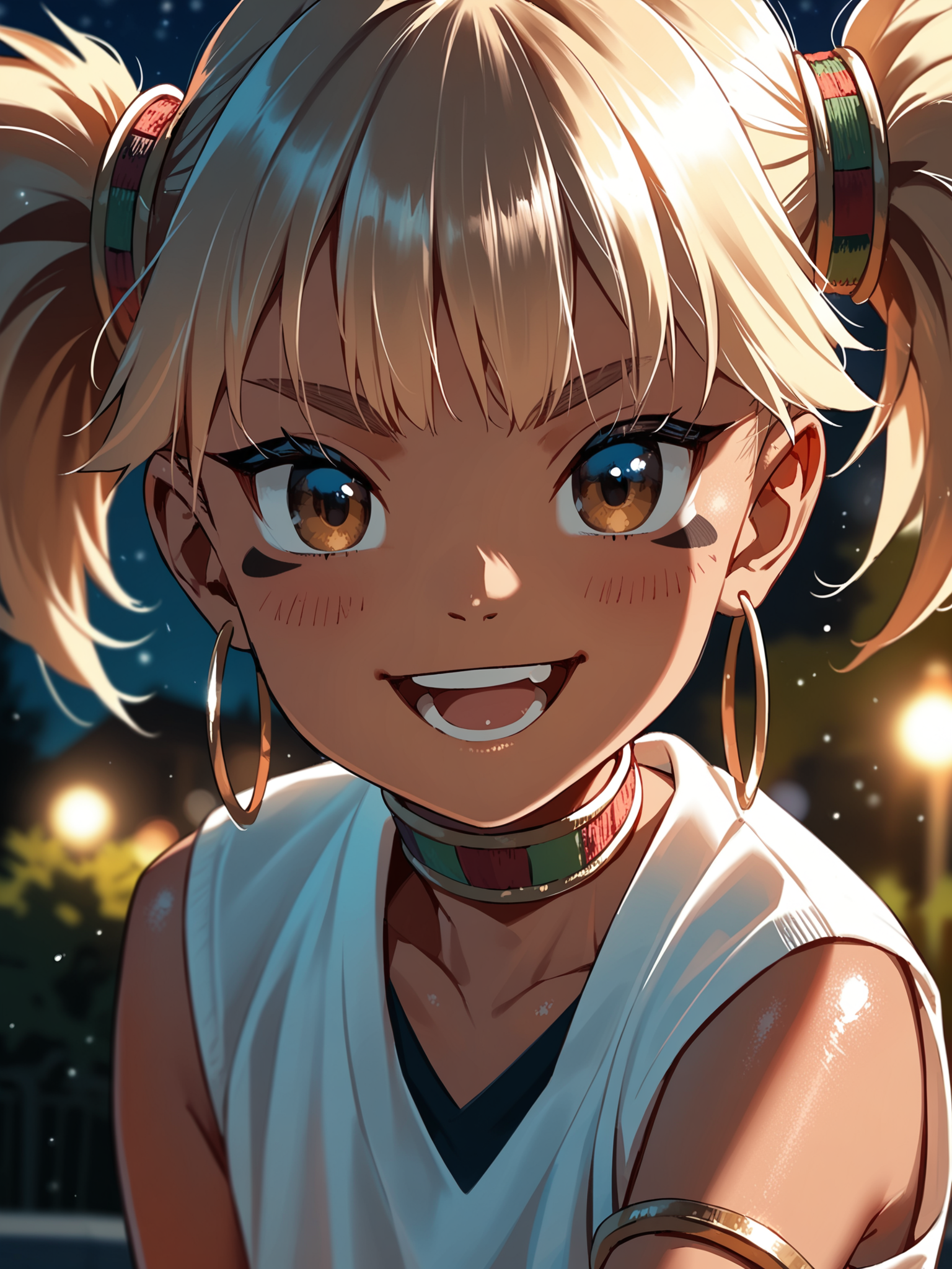 <lora:happy_tentacle-genpnepet-v0.8-000010:1>, ht_genpnepet, (facial mark:1.1), hair ornament, hoop earrings, choker, bracelet, (tan, brown eyes, blonde hair:0.8) , smile, open mouth, outdoors, night (close-up:0.7), 1girl, solo focus, (looking at viewer:1.1), backlighting, (depth of field:0.8), , [(realistic, photorealistic:1.1):(realistic:1.3):22], [(3d:1.2)::10], <lora:LUUNA's Lunas-NijiJourney-SDXL-B2:0.5>, nijijourney, <lora:prgfrg23's Counterfeit-V3.0 Style SDXL_LoRA_Pony Diffusion V6 XL:0.3>, <lora:Shed_The_Skin's StS_age_slider_v1_initial_release:-1>, score_9, score_8_up, score_7_up, score_6_up, score_5_up, score_4_up