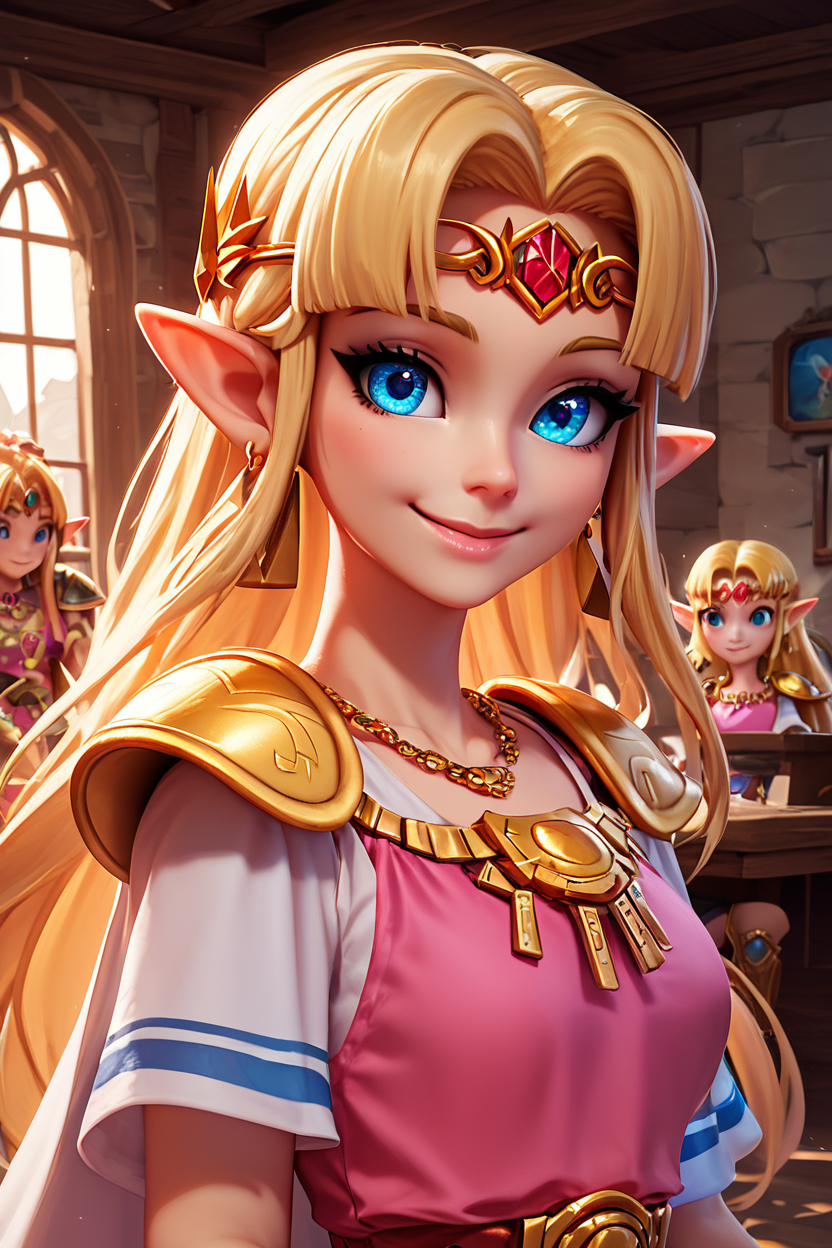score_9, score_8_up, score_8, medium breasts, (curvy), cute, eyelashes, radiant eyes, detailed eyes,  closed mouth,  BREAK, ,,,  zzUZelda, blonde hair, jewelry, dress, pink tabard, triforce, circlet, armor, earrings, necklace, shoulder armor, tiara, <lora:UltimatePrincessZelda_PDXL_v1:0.7> ,,, upper body,   indoors, warm colors, cozy,  BREAK, smile, looking at viewer,   embedding:zPDXL, Expressiveh,  <lora:BeautifulCAT_PDXL:0.7>, <lora:SDXLFaeTastic2400:0.5>,  <lora:Expressive_H-000001:0.4>,