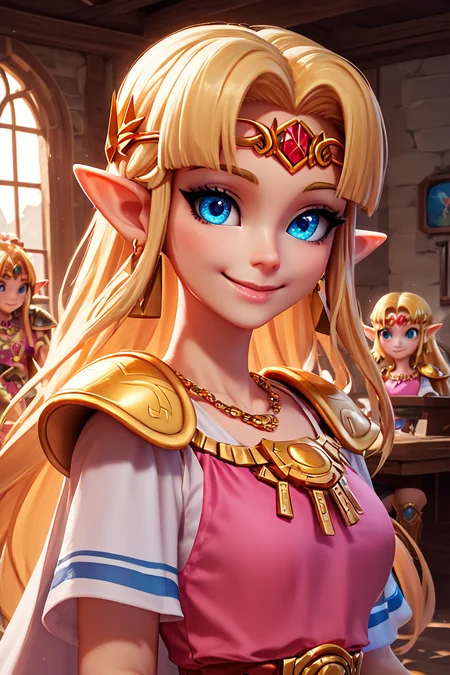 score_9, score_8_up, score_8, medium breasts, (curvy), cute, eyelashes, radiant eyes, detailed eyes,  closed mouth,  BREAK, ,,,  zzUZelda, blonde hair, jewelry, dress, pink tabard, triforce, circlet, armor, earrings, necklace, shoulder armor, tiara, <lora:UltimatePrincessZelda_PDXL_v1:0.7> ,,, upper body,   indoors, warm colors, cozy,  BREAK, smile, looking at viewer,   embedding:zPDXL, Expressiveh,  <lora:BeautifulCAT_PDXL:0.7>, <lora:SDXLFaeTastic2400:0.5>,  <lora:Expressive_H-000001:0.4>,