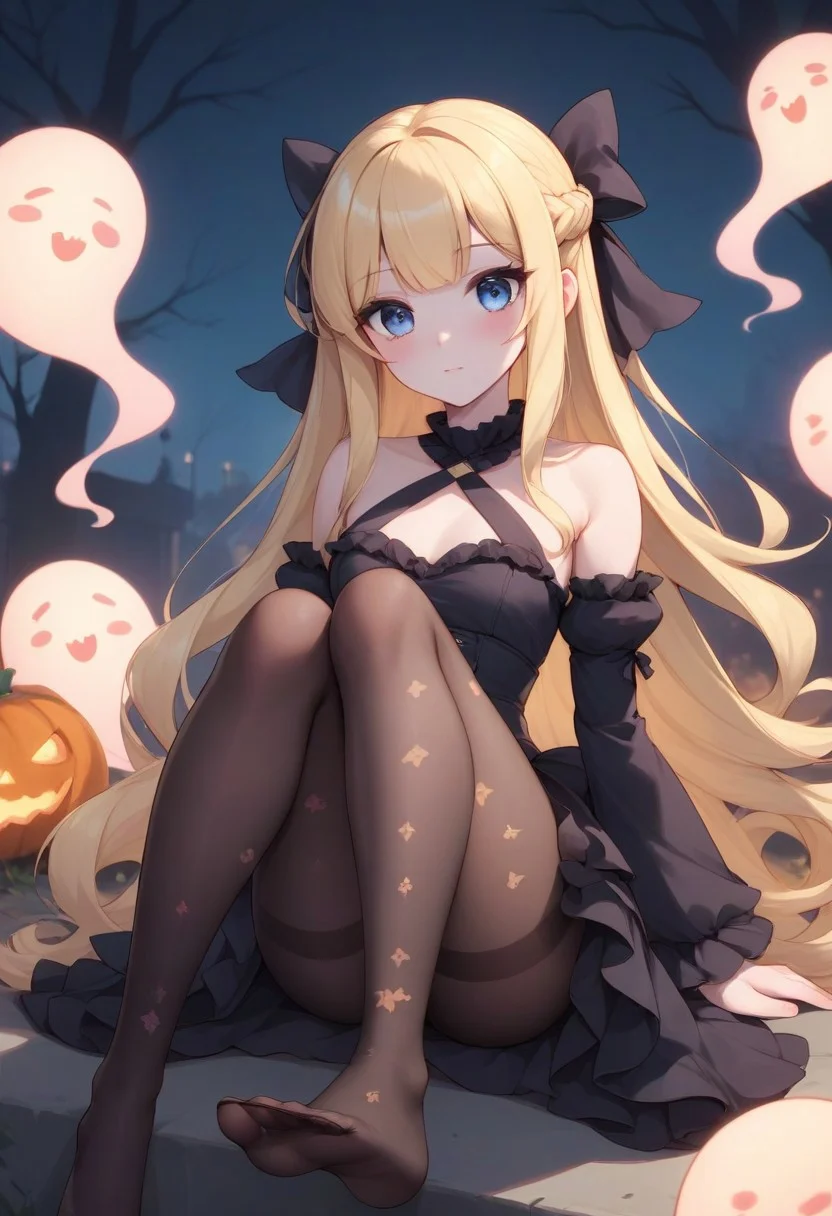 score_9, score_8_up, score_7_up,
two tone hair, 1girl, blue eyes, long hair, blonde hair, long blonde hair, french braid, bangs, pale skin, slim, round hips, bubble butt, beautiful face, perfect feet, cute feet, small breasts, strong make up,
hair ribbon, frilled choker, criss-cross halter, sleeveless dress, high-waist skirt, waist bow, detached sleeves, frilled sleeves, wide sleeves, patterned legwear, black dress, black pantyhose,
legs together,
sitting,
full body, cowboy shot,
(glowing ghosts), halloween,
haunted house, ((ghosts in background)), outdoors,