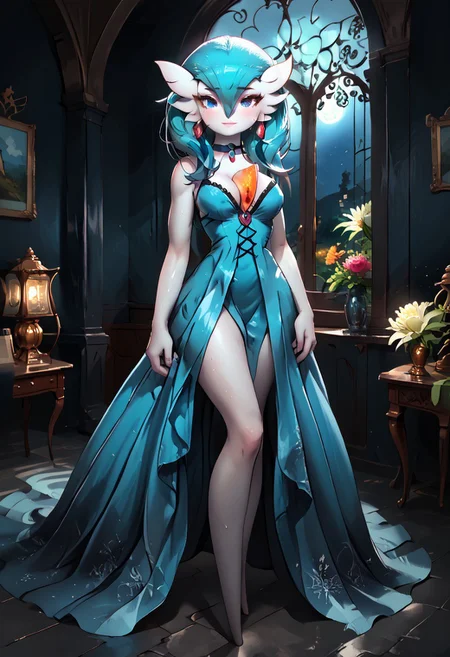 (((gardevoir))), female, anthro, pale white skin,
BREAK, (best quality:1.2),beautiful,perfect eyes,perfect face,1girl, masterpiece, best quality, Gardevoir, solo, <lora:Sotchosis-000018:0.7>, <lyco:GoodHands-beta2:1.0>(masterpiece:1.4), score_9, score_8_up, score_7_up, high detailed, high quality, masterpiece, quality highlights, 8k details, detailed background, source_anime, dynamic view, (ultra detailed),
BREAK, Gardevoir, breasts, solo, blue_eyes, large_breasts, jewelry, earrings, hair_ornament, looking_at_viewer, long_hair, cleavage, night, white_hair, choker, indoors, bangs, flower, bare_shoulders, smile, dress, hair_ribbon, hair_flower, closed_mouth, blue_dress, window, ribbon, sleeveless, cowboy_shot, night_sky, blush, lamp
Detailed lines in high quality, shining glossy skin, soft lighting, soft skin, realistic skin, blum effect, masterpiece, absolutely eye-catching, oiled, sweaty, sweat drops, sweat, simple background, spotlight, dutch_angle, full body,
BREAK, (Background: dark fantasy , botanical garden:1.2), no humans, anime style
