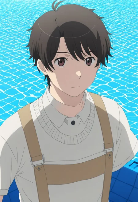 high resolution, solo, best quality, 1Boy, Inaho Kaizuka, Black Hair, Brown Eyes, pool, swim, shirtless, sixpack, shorts, looking at viewer, OverallDetail