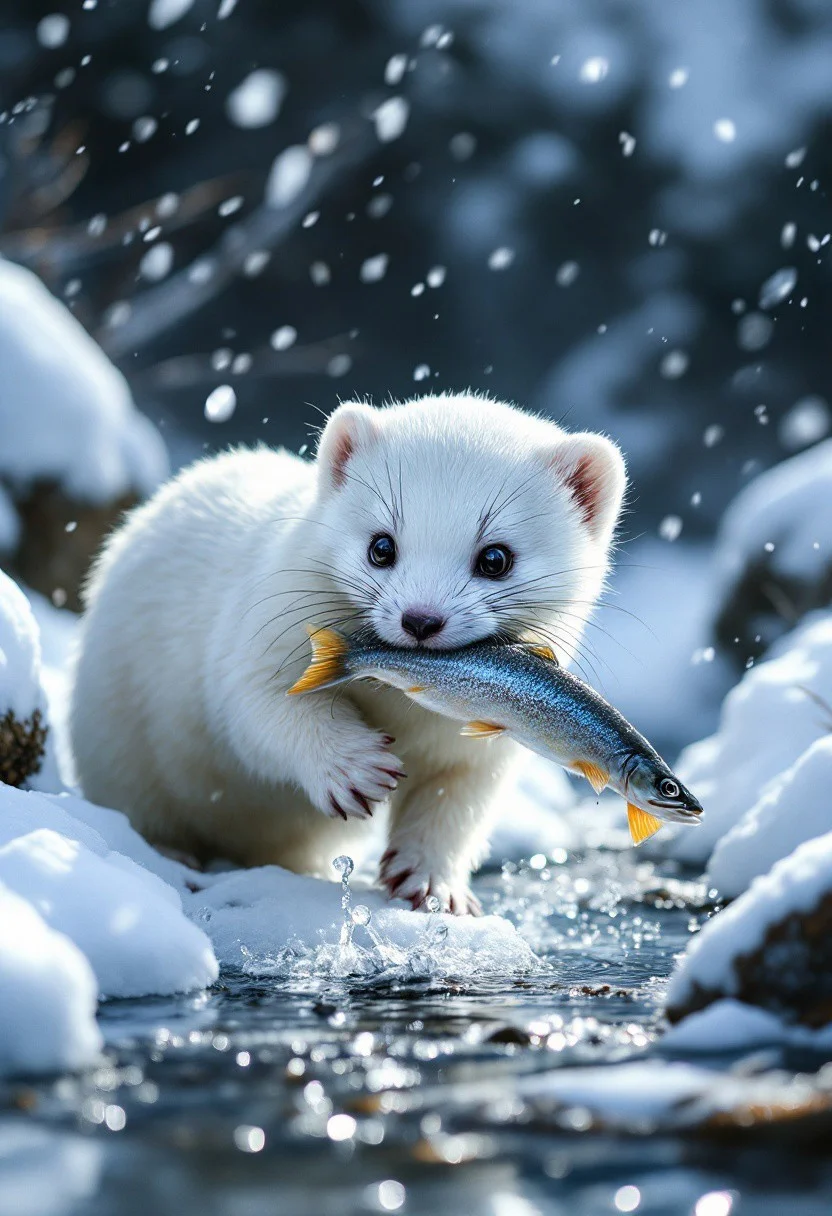 perfect big dark eyes, photorealistic rendering, photo, realistic, strong, hardened, white marten with a fish in its mouth in the tundra along a clear creek, huge snow windstorm, natural day lighting, dynamic, ultra hd, chiaroscuro light, vivid color, professional photo, ultra sharp