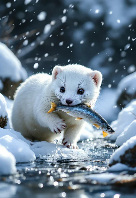 perfect big dark eyes, photorealistic rendering, photo, realistic, strong, hardened, white marten with a fish in its mouth in the tundra along a clear creek, huge snow windstorm, natural day lighting, dynamic, ultra hd, chiaroscuro light, vivid color, professional photo, ultra sharp