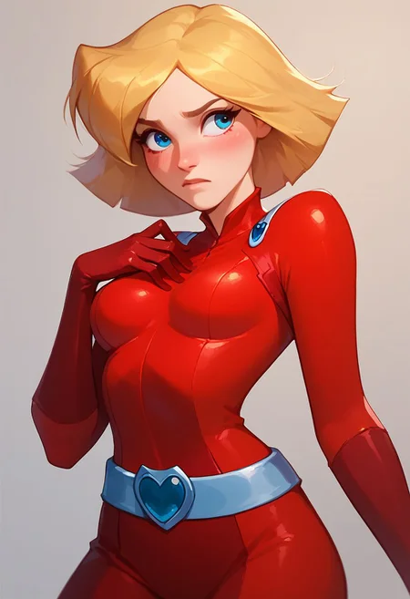 score_9, score_8_up, score_7_up, 1girl, medium breast, breast out, teared clothes, blush, clover \(totally spies\), blonde hair, short hair, blue eyes, red bodysuit, belt, cowboy shot