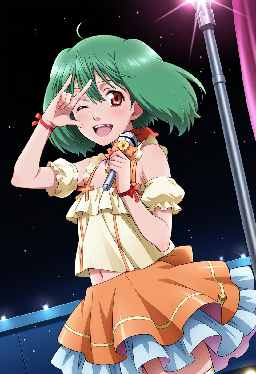concert, stage, lights, dark,
BREAK,
open smile,  seikan hikou, \m/, right hand over face, pose, wink, star, hand sign, hand gesture,
cowboy shot , dynamic angle,
looking at viewer,
BREAK,
 <lora:rankaX_illustriousXL_v01:1.2>
ranka lee, rankastarlit, green hair, red eyes, short hair, ahoge,
skirt, layered skirt, orange skirt, wrist ribbon, red bow, bare shoulders,  navel, skirt flower, skirt ribbon,
white thighhighs, 
left hand holding microphone,, source_anime, very aesthetic, anime coloring, masterpiece, 
best quality, amazing quality, ultra detailed, very aesthetic, 
detailed background, 
BREAK,