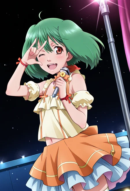 concert, stage, lights, dark,
BREAK,
open smile, seikan hikou, \m/, right hand over face, pose, wink, star, hand sign, hand gesture,
cowboy shot , dynamic angle,
looking at viewer,
BREAK,
<lora:rankaX_illustriousXL_v01:1.2>
ranka lee, rankastarlit, green hair, red eyes, short hair, ahoge,
skirt, layered skirt, orange skirt, wrist ribbon, red bow, bare shoulders, navel, skirt flower, skirt ribbon,
white thighhighs,
left hand holding microphone,, source_anime, very aesthetic, anime coloring, masterpiece,
best quality, amazing quality, ultra detailed, very aesthetic,
detailed background,
BREAK,