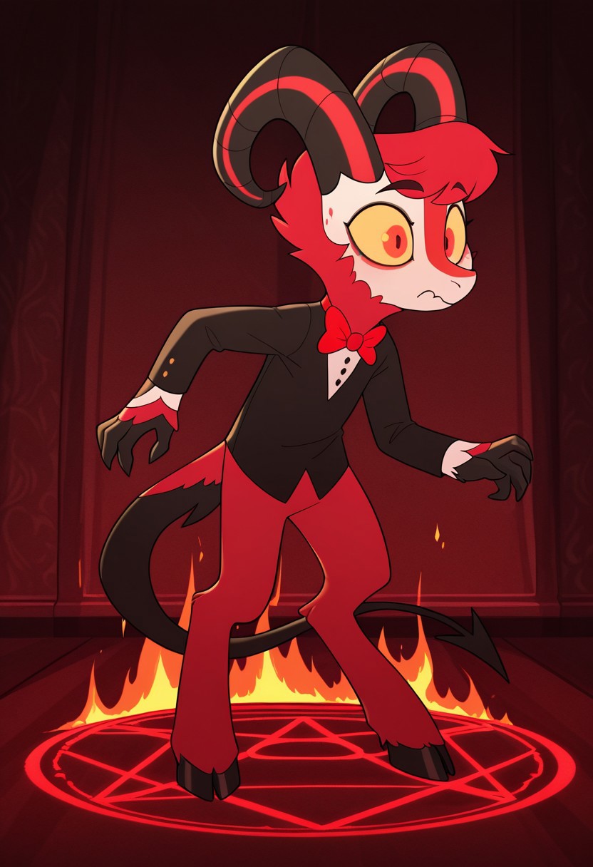 masterpiece, best quality, amazing quality, dazzle, solo, 1boy, Demon, goat horns, yellow sclera, red Eyes, Demon wings, red fur, tuxedo, red bowtie, bara, full body, fire pentagram,