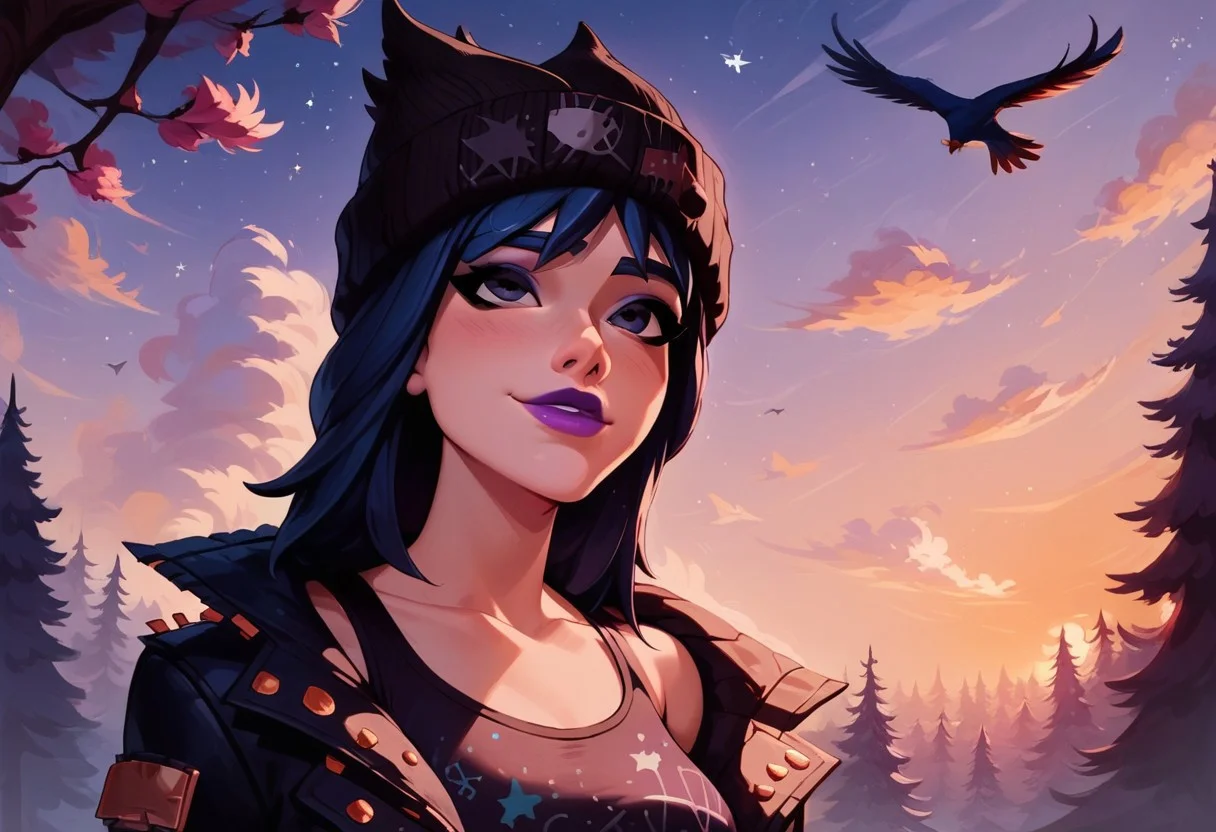 score_9, score_8_up, score_8, bird flying, ssitting at the foot of a tree, forest, magical, relaxing, sunset, starry skies, look up, sports bra, loose jacket, hope_fortnite, blue hair, beanie, sexy, cute face, kawaii girl, colorful, smiling, posing, posing at an angle, dynamic sexy pose, very cute, adorable, shiny skin, volumetric lighting, aesthetic design, dramatic angle, dramatic framing, cinematic framing,