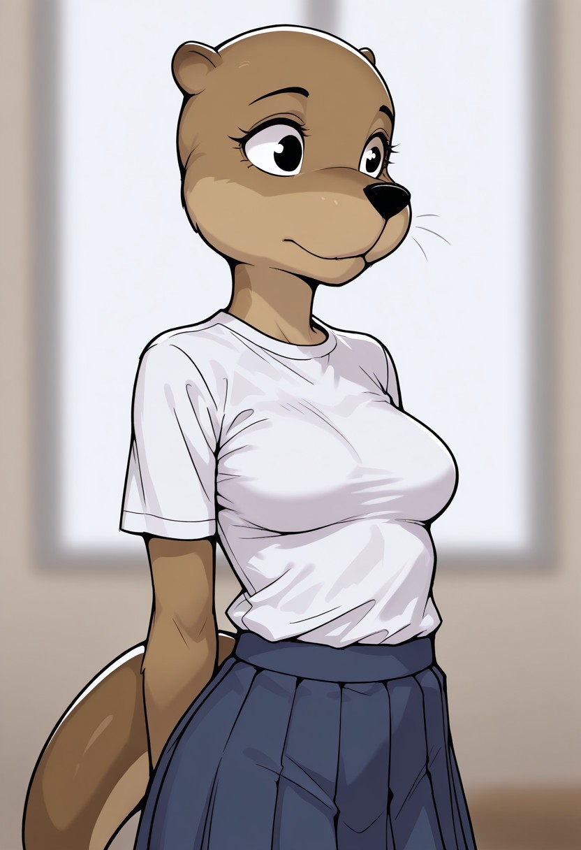 score_9, score_8_up, score_7_up, score_6_up, score_5_up, sourse_furry, masterpiece, best quality, amazing quality, cartoon, toon, solo, 1girl, (otter girl:1.2), medium breasts, blurry background, light brown fur, black eyes, otter tail, white shirt, blue skirt, present yourself,
