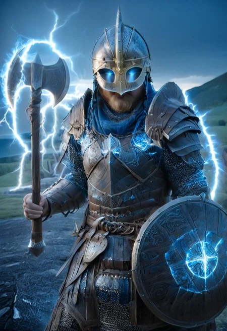 1man, armored Viking warrior in lamellar armor, wearing Viking helmet and lamellar armor, reflection, glowing blue lightning, axe and shield, Viking sword, blue flames, shatter, emphasis line, outdoor in the darkness, looking at viewer,