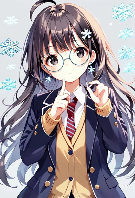 score_9, score_8_up, score_7_up, rachel,1girl, original costume, long_hair, necktie, glasses, jacket, u hair_ornament, black_hair, shirt, white_shirt, snowflake_hair_ornament, framed_eyewear, simple_background, school_uniform, star_(symbol), blazer, long_sleeves, collared_shirt, bangs, black_eyes, jewelry, open_clothes, earrings, open_jacket, striped, head_tilt, striped_necktie, black_jacket, round_eyewear, ahoge, vest, star_hair_ornament, blush, shy