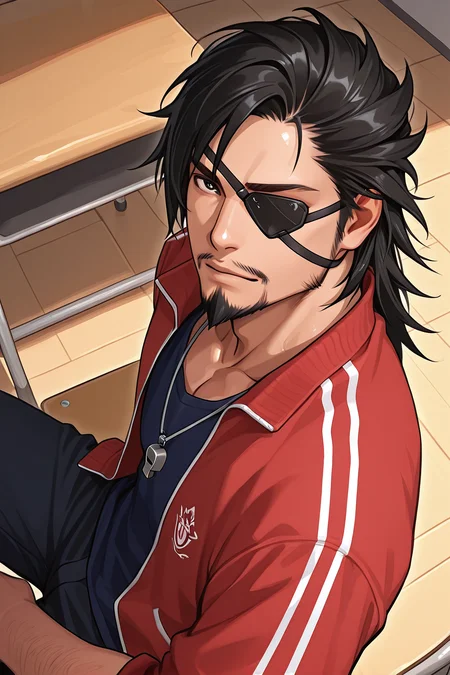 r0kud3n4shi, best quality, amazing quality, newest, perfect quality, best quality, highres, 1boy, male, male focus, solo, detailed body, detailed face, (detailed eyes:1.2),
XiahouDun, black hair,half swept back hair , black eyes, full beard with goatee, mature muscle male, eyepatch, coach_outfit, red jacket, whistle around neck, looking at viewer,
from above, dymanic angle, japanese school classroom