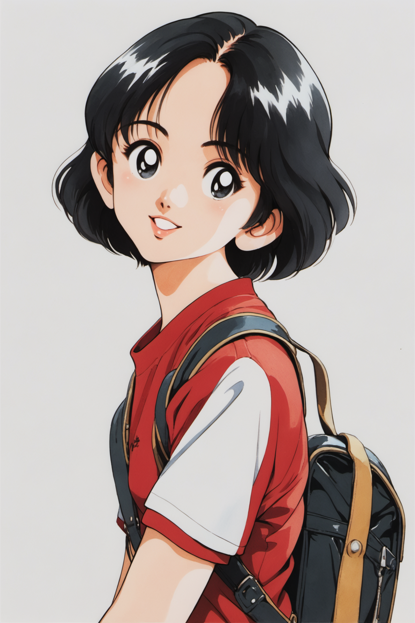 solo,black hair,bag,1girl,backpack,short hair,smile,upper body,looking at viewer,shirt,white background,simple background,parted lips,short sleeves,red shirt,retro artstyle,bangs,black eyes,traditional media,score_9,score_8_up,<lora:Adachi_XL_PONY:0.8>,