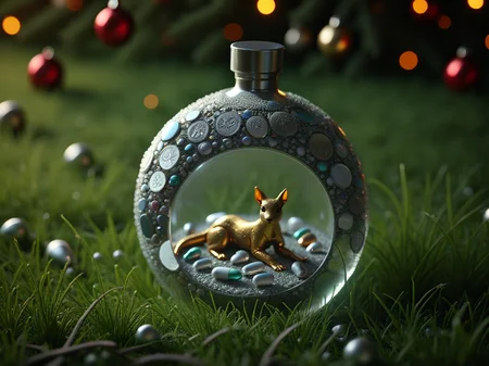 Animal Christmas,
A translucent pill shaped capsule if filled with a mystical scene of a mist covered stone circle rising from the grass. the background is of the deepest darkest black, with tiny pinpricks of light marking out an ancient, dying galaxy. the capsule radients a mysterious subdued glow
<lora:Animal_Christmas:1>