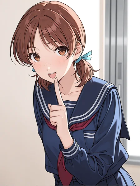 masterpiece,best quality,newest,
1girl,solo,
<lora:adachi_taeko_ilxl_v1.0:1>,a_taeko,brown hair,brown eyes,freckles,hair bow,low twintails,
t_clothes,blue serafuku,long_sleeves,blue pleated skirt,<lora:Fixhands_anime_bdsqlsz_V1:1>,face_focus,looking_at_viewer,white background,simple_background,standing,upper_body,shushing,:d,portrait,<lora:T_nari_ilxl_v3:1>,t_n,