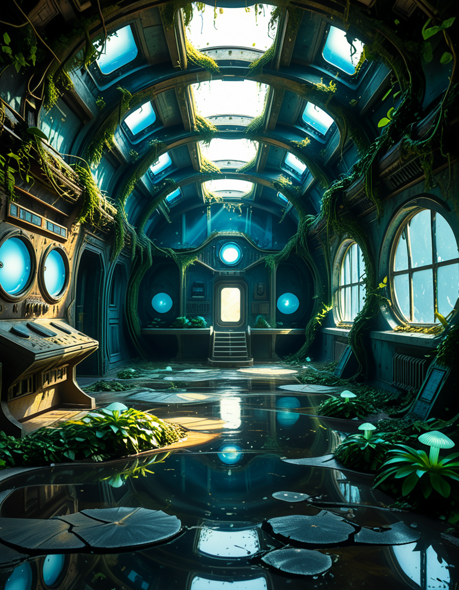 The interior of an ancient abandoned spaceship, overtaken by lush vegetation. The walls and ceiling are covered in thick, twisting vines and moss. Strange alien plants glow faintly in shades of blue and green, casting an eerie, mystical light across the metallic surfaces. Rusted control panels and shattered glass windows hint at a long-forgotten past. The floor is cracked and partially flooded with still, reflective water. Patches of bioluminescent fungi cling to the corners, adding a surreal atmosphere. The air feels heavy with moisture, and beams of soft, diffused light filter through holes in the hull, creating dramatic shafts of light and shadow. The overall style is hyper-realistic, rich in textures, with a cinematic and slightly melancholic mood.<lora:SDXLFaeTastic2400:0.4> <lora:extremely_detailed:0.4> extremely detailed,<lora:ancient_abandoned_sp4c3sh1p:1>,ancient abandoned sp4c3sh1p, Masterpiece,best quality,hi res,8k,hi res,8k,award winning,(sharp focus, intricate, highly detailed),