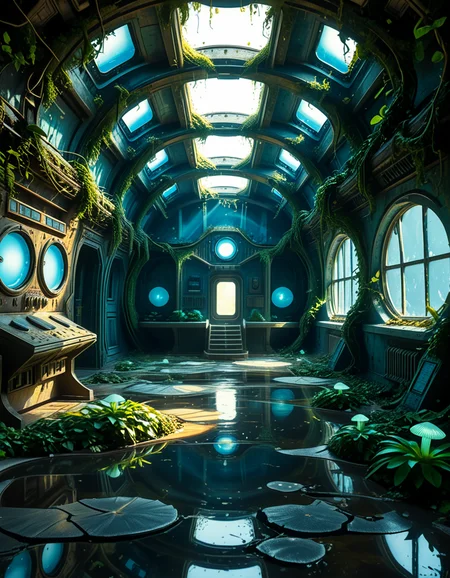 The interior of an ancient abandoned spaceship, overtaken by lush vegetation. The walls and ceiling are covered in thick, twisting vines and moss. Strange alien plants glow faintly in shades of blue and green, casting an eerie, mystical light across the metallic surfaces. Rusted control panels and shattered glass windows hint at a long-forgotten past. The floor is cracked and partially flooded with still, reflective water. Patches of bioluminescent fungi cling to the corners, adding a surreal atmosphere. The air feels heavy with moisture, and beams of soft, diffused light filter through holes in the hull, creating dramatic shafts of light and shadow. The overall style is hyper-realistic, rich in textures, with a cinematic and slightly melancholic mood.<lora:SDXLFaeTastic2400:0.4> <lora:extremely_detailed:0.4> extremely detailed,<lora:ancient_abandoned_sp4c3sh1p:1>,ancient abandoned sp4c3sh1p, Masterpiece,best quality,hi res,8k,hi res,8k,award winning,(sharp focus, intricate, highly detailed),