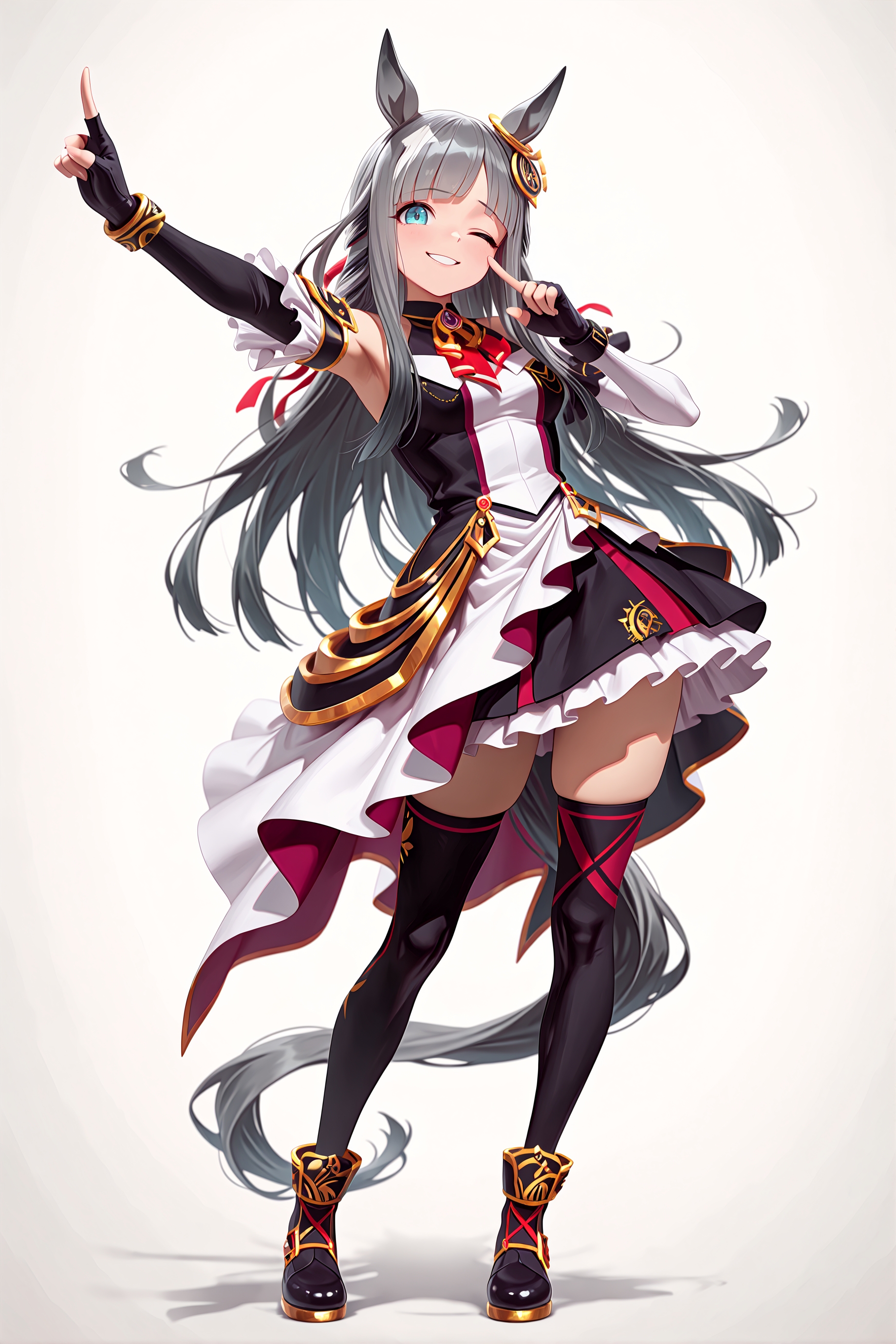 1girl, solo, chrono genesis \(umamusume\), horse girl, 
fingerless gloves, detached sleeves, white sleeves, black sleeves, black skirt, layered dress, asymmetrical sleeves, thighhighs, boots, 
smirk, one eye closed, raised inner eyebrows, 
standing, legs together, index finger raised, contrapposto, outstretched arm, 
full body, 
white background, looking at viewer, 
<lora:chronogenesisillv1.1:0.9>, 
masterpiece, best quality, amazing quality, very aesthetic, absurdres, highres, newest, <lora:xl_saturation_slider:0.1>, <lora:add-detail-xl:1>, <lora:illustriousXLv01_stabilizer_v1.164:0.4>, <lora:reduce_wrinkles_illstriouosv0.1_ADDifT_2_in_1_v1.2:0.9>,