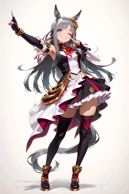 1girl, solo, chrono genesis \(umamusume\), horse girl,
fingerless gloves, detached sleeves, white sleeves, black sleeves, black skirt, layered dress, asymmetrical sleeves, thighhighs, boots,
smirk, one eye closed, raised inner eyebrows,
standing, legs together, index finger raised, contrapposto, outstretched arm,
full body,
white background, looking at viewer,
<lora:chronogenesisillv1.1:0.9>,
masterpiece, best quality, amazing quality, very aesthetic, absurdres, highres, newest, <lora:xl_saturation_slider:0.1>, <lora:add-detail-xl:1>, <lora:illustriousXLv01_stabilizer_v1.164:0.4>, <lora:reduce_wrinkles_illstriouosv0.1_ADDifT_2_in_1_v1.2:0.9>,