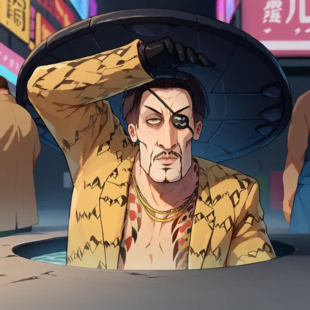 score_9, score_8_up, score_7_up, 1boy, Majima everywhere, manhole cover, arm up, <lora:Majima everywhere 3-000008:1> majimaDEF, eyepatch, tattoo, necklace, jacket, animal print, open clothes, black gloves, handsomize <lora:majima-guy-PONYv1:1> <lora:handsomize_x_pdxl_v1:1>