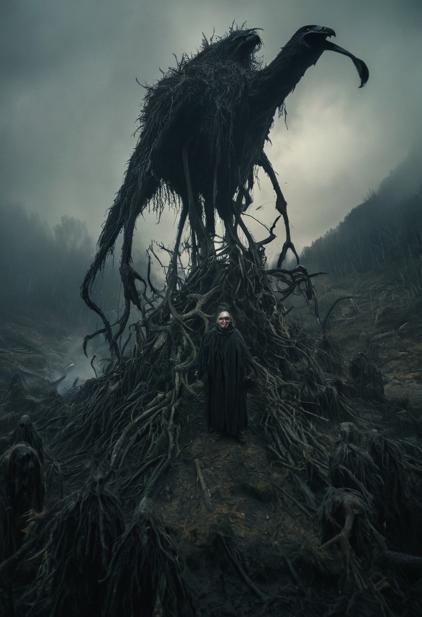 dream liminal space, strange land, abstract, folk horror, movie and character design, moody, (giant strange warped creature:1.1),giant, torches, flock of crows,creepy glow, gothic post-apocalyptic impressionism,mysterious,paranormal, Ivan Albright,Dragan bibin,nicola samori, looking up from below, (gopro shot:1.3),fisheye,eerie,eldritch, unsettling, creepy, suspenseful, grim,darkness,eerie atmosphere,fog, highly detailed