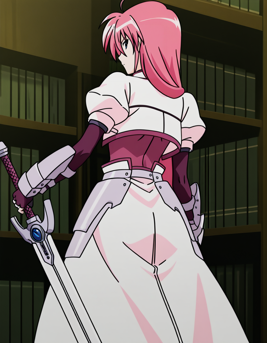 signum,magical girl,blue eyes,pink hair,very long hair,ahoge,open jacket,cropped jacket,gauntlets,armor,fingerless gloves,waist cape,(hat:-1),(ponytail:-1),
weapon,sword,Holding a weapon in hand, gripping sword,day,bookshelf,
looking at viewer,
(from behind:1.5),
medium large breasts,
perky breasts,explicit,hair between eyes,best quality,very aesthetic,absurdres,16k,intricate detail,amazing quality,(bold:3.12),thick outline,black outline,harsh lines,soft lines,deluster,boldline,curvy,serious,slim,
(anime screencap),(anime coloring:1.2), animated painting, animated gif,2d cel anime,anime cap,anime,anime style,anime cel,Cel shading,cel shaded,soft brightness,perfect face,perfect nose, perfect hair, perfect eyes,perfect female body,perfect skin,a face of perfect proportion,perfect lighting,perfect anatomy,perfect proportion,perfect hands,perfect legs,perfect fingers,masterpiece,super fine illustration,detailed linework,vibrant colors,kawaii,flat color,
 <lora:é­æ³å°å¥³ãªãªã«ã«ãªã®ã¯ã·ã°ãã illustriousMagical_Girl_Lyrical_NANOHASignumillustrious:1:0.8>