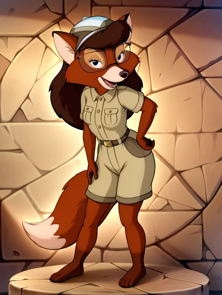source_furry, 1girl, solo,  furry, furry female, tail,ultra high quality,ultra high resolution,ultra photorealistic,full body, seductive, very realistic,(extremely detailed), detailed background,,(masterpiece, best quality, high quality, highres, ultra-detailed),cartoon,<lora:Myra_Foxworthy_Talespin pony:0.9> cartoon, flat colors, brown fur, rectangular glasses, long hair, anthro, fox, brown eyes, small breasts, long eyelashes, an image of myra foxworthy, olive blouse,ultra high detail,4k,ultra hd,high detailed head,, flat colors, brown fur, rectangular glasses, long hair, anthro, fox, brown eyes, small breasts, long eyelashes, an image of myra foxworthy, olive blouse,presenting breasts,leaning slighlty forward,standing,,seductive eyes,half closed eyes,facing viewer,slightly open mouth,desert dunes,cartoon ,posing seductive,perfect teeth,perfect eyes,brown eyes,teeth,
